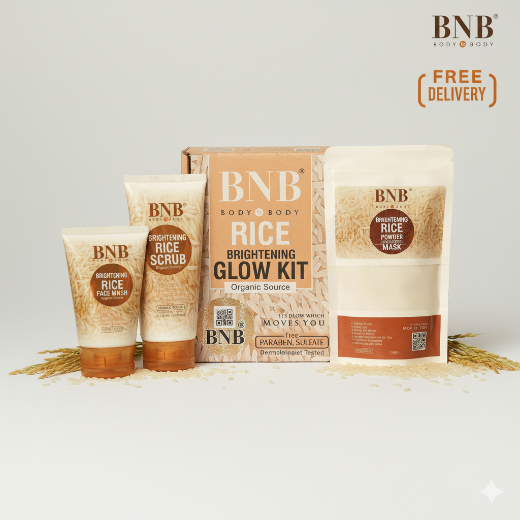 BNB Body & Body rice brightening glow kit with scrub, mask, and powder on a light background